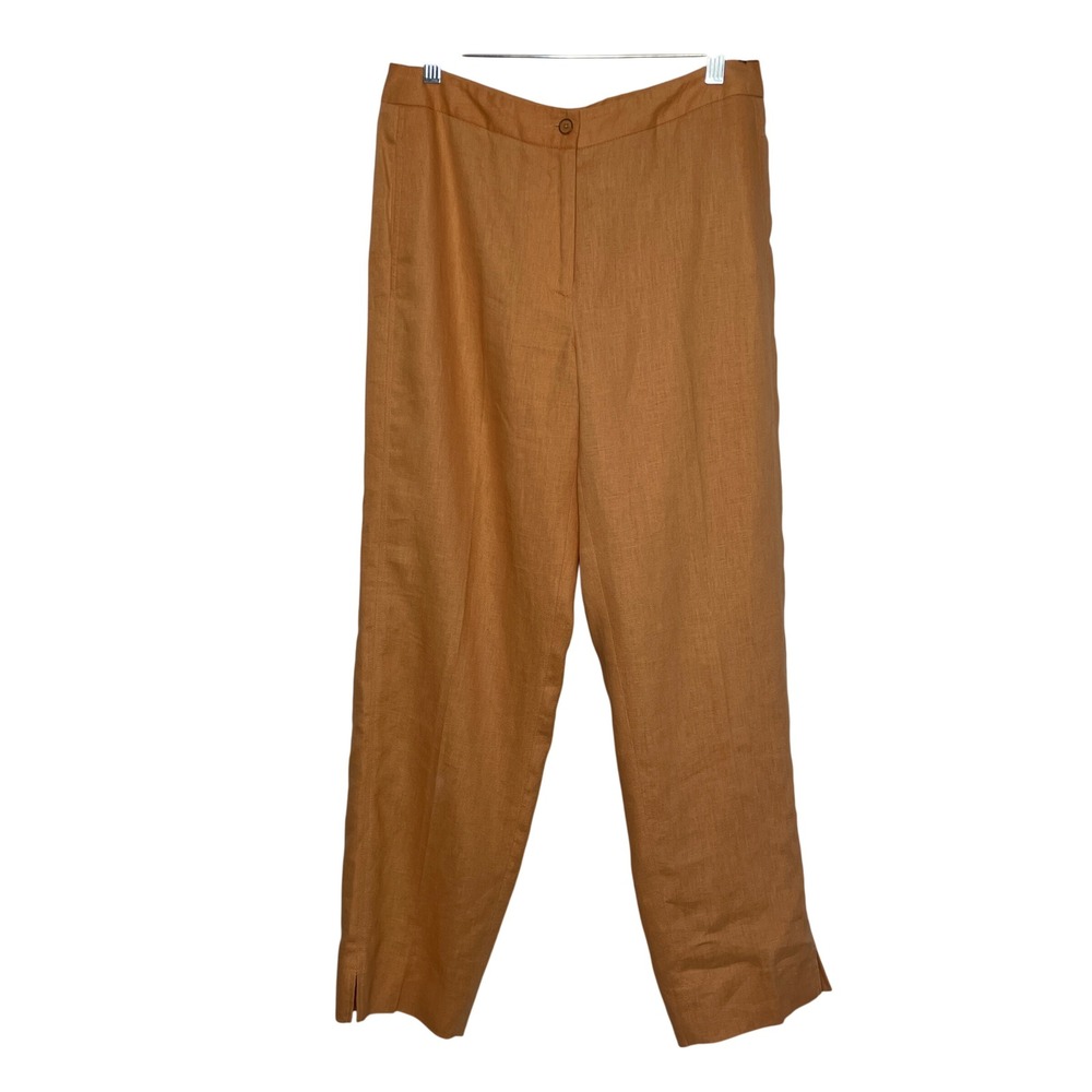 Rafaella Linen Pants Women 8 Orange Straight Leg Flat Front Side Slit Trousers